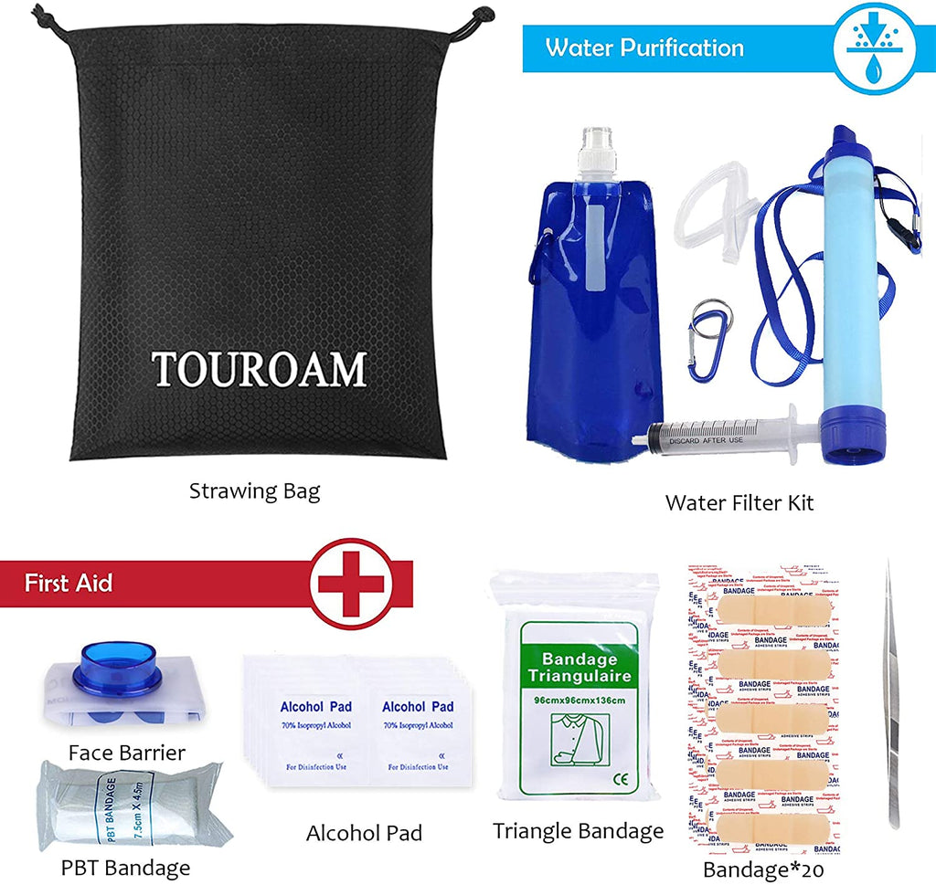 64 Pieces Survival First Aid Kit IFAK Molle System Water FilterPurification Compatible Outdoor Gear Emergency Kits Trauma Bag for Camping Boat Hunting Hiking Home Car Earthquake and Adventures