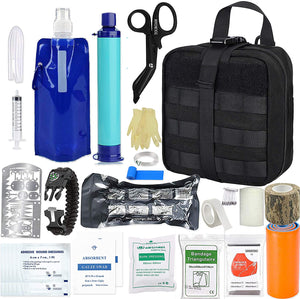 Emergency Survival Trauma Kit - MolleTactial First Aid Kit, Personal Water Filter Purifier Straw, Hurricane Disater Preparedness Equitment Tools But Out Bag for Camping Hiking Adventure Fishing