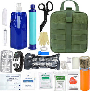 Emergency Survival Trauma Kit - MolleTactial First Aid Kit, Personal Water Filter Purifier Straw, Hurricane Disater Preparedness Equitment Tools But Out Bag for Camping Hiking Adventure Fishing