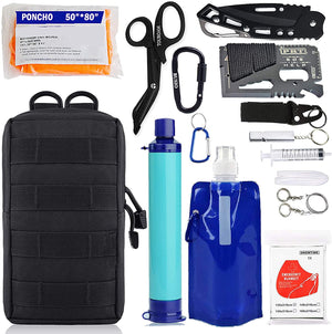 Emergency EDC Survival Gear Kit - Personal Water Filter Purifier Straw, Molle Pouch Tactical Trauma Defense Equitment Tools But Out Bag for Camping Hiking Adventure Fishing Hurricane