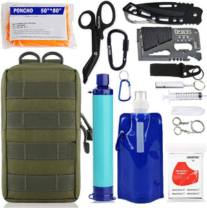 Emergency EDC Survival Gear Kit - Personal Water Filter Purifier Straw, Molle Pouch Tactical Trauma Defense Equitment Tools But Out Bag for Camping Hiking Adventure Fishing Hurricane