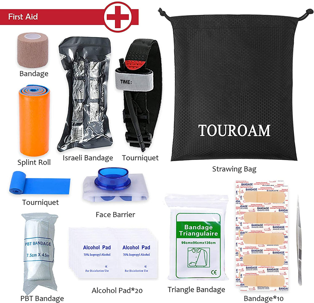 Emergency Survival First Aid Kit - Outdoor Gear EDC Pouch Military Bleeding Bag with Tourniquet Israeli Bandage Sheer for Camping Boat Hunting Hiking Home Car Earthquake and Adventures