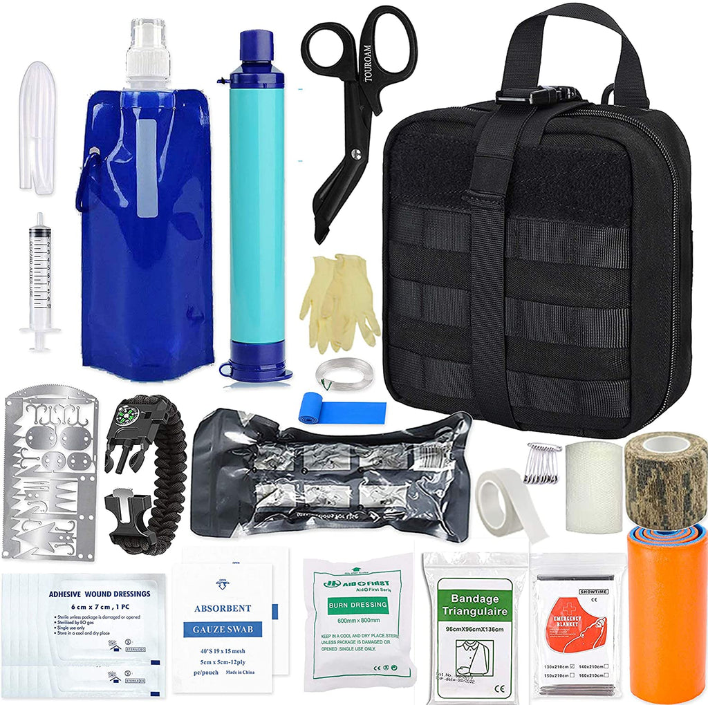 Emergency Survival Trauma Kit - MolleTactial First Aid Kit, Personal Water Filter Purifier Straw, Hurricane Disater Preparedness Equitment Tools But Out Bag for Camping Hiking Adventure Fishing