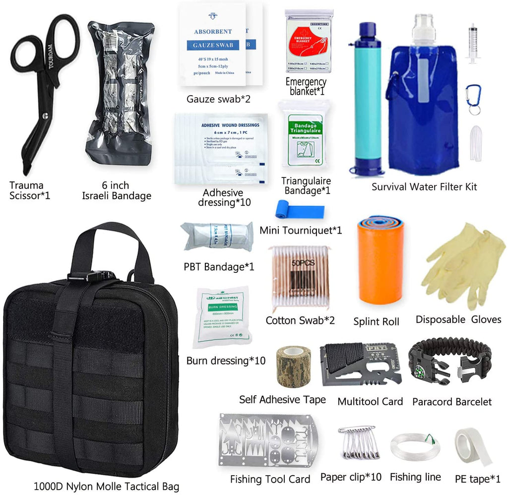 Emergency Survival Kit, 151 Pcs Survival Gear First Aid Kit, Outdoor Trauma  Bag With Tactical Flashlight Knife Pliers Pen Blanket Bracelets Compass Fo