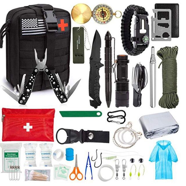Emergency Survival Kit 47 Pcs Survival First Aid Kit SOS Tactical tools Flashlight Knife with Molle Pouch for Camping Adventures